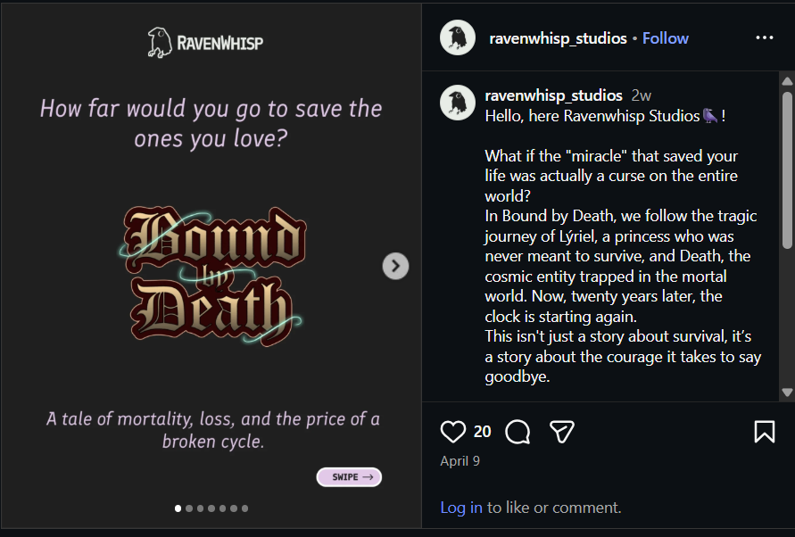 Instagram post where we see the title of the game and the comment made by Ravenshisp_studios
