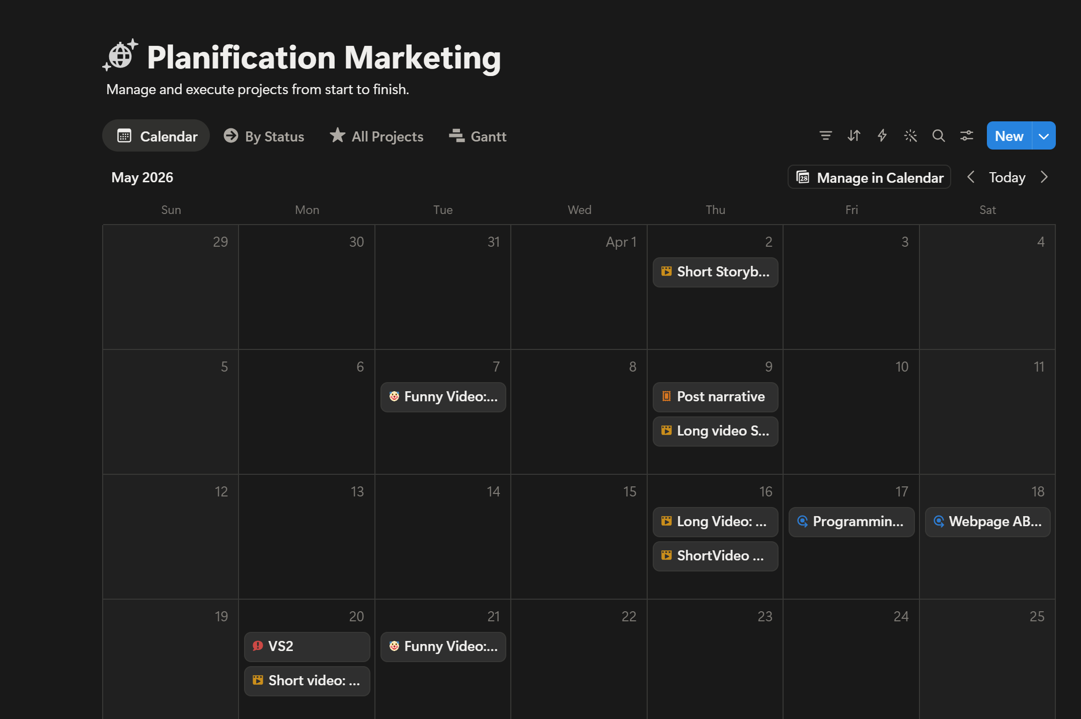 Screenshot of the Notion page for the Planification of Marketing tasks
