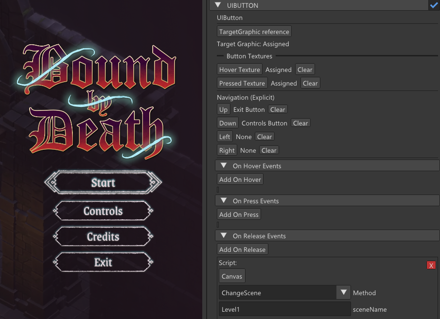 Button inspector showing default, hover and pressed texture slots